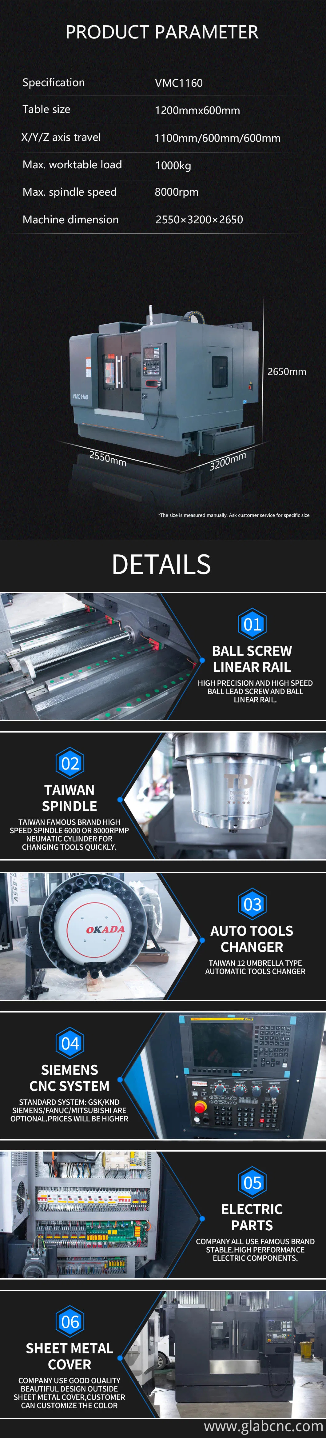 High-Precision Vertical Machining Center, High-Rigidity 3/4/5 Axis Vmc1160 Metal Cutting CNC Machine Tool